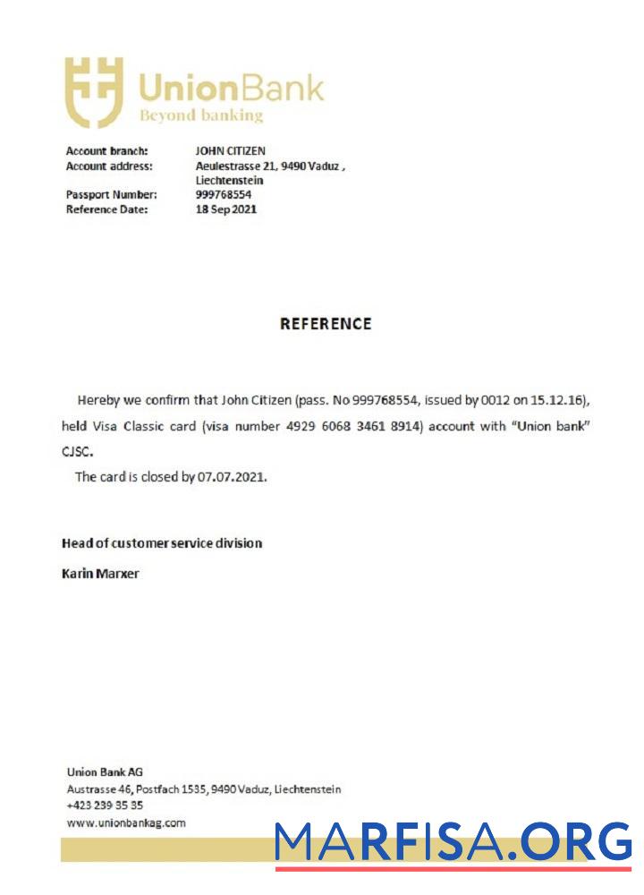 Downloadable Liechtenstein Union Bank closure reference sample